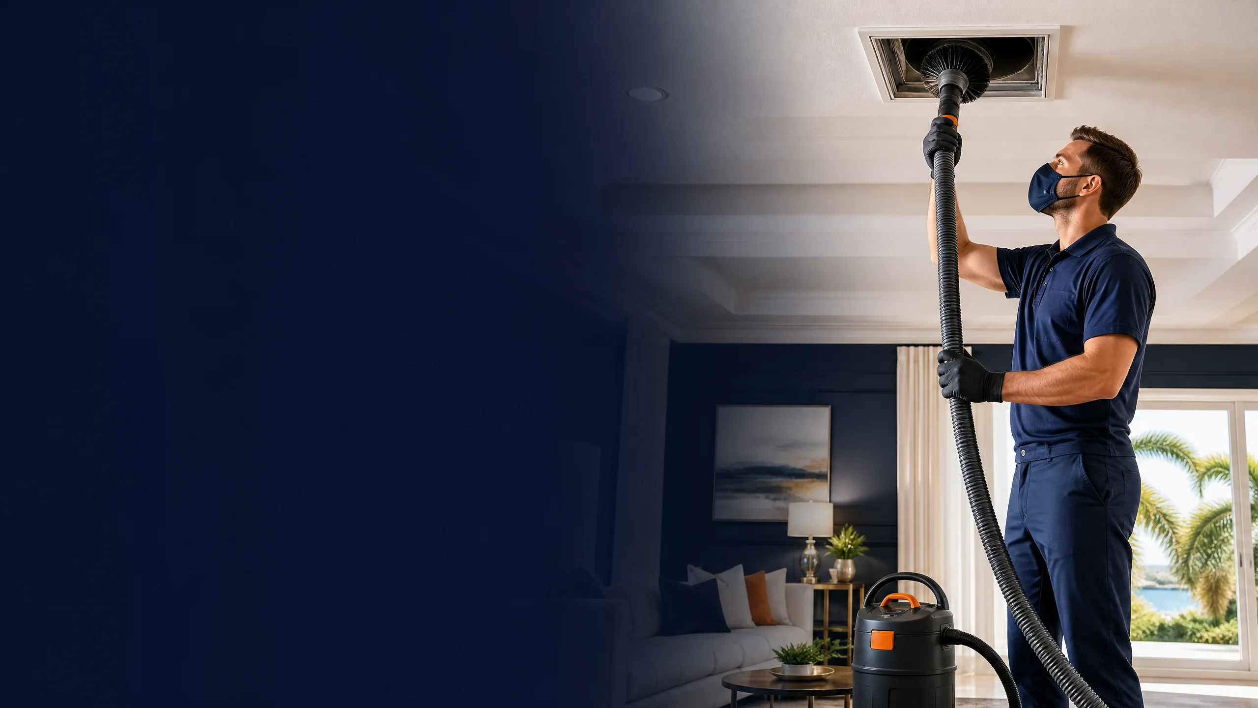 Technician performing professional air duct cleaning in a Florida home