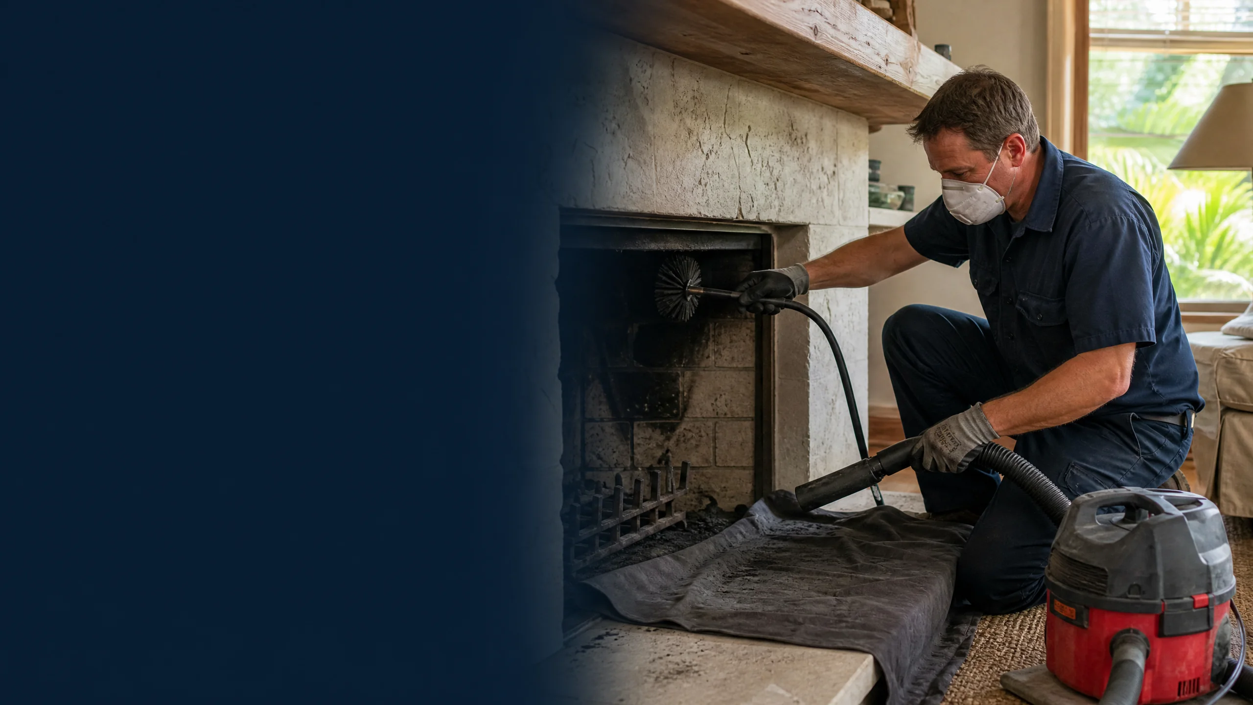 Technician performing chimney cleaning in a lived-in residential fireplace setting