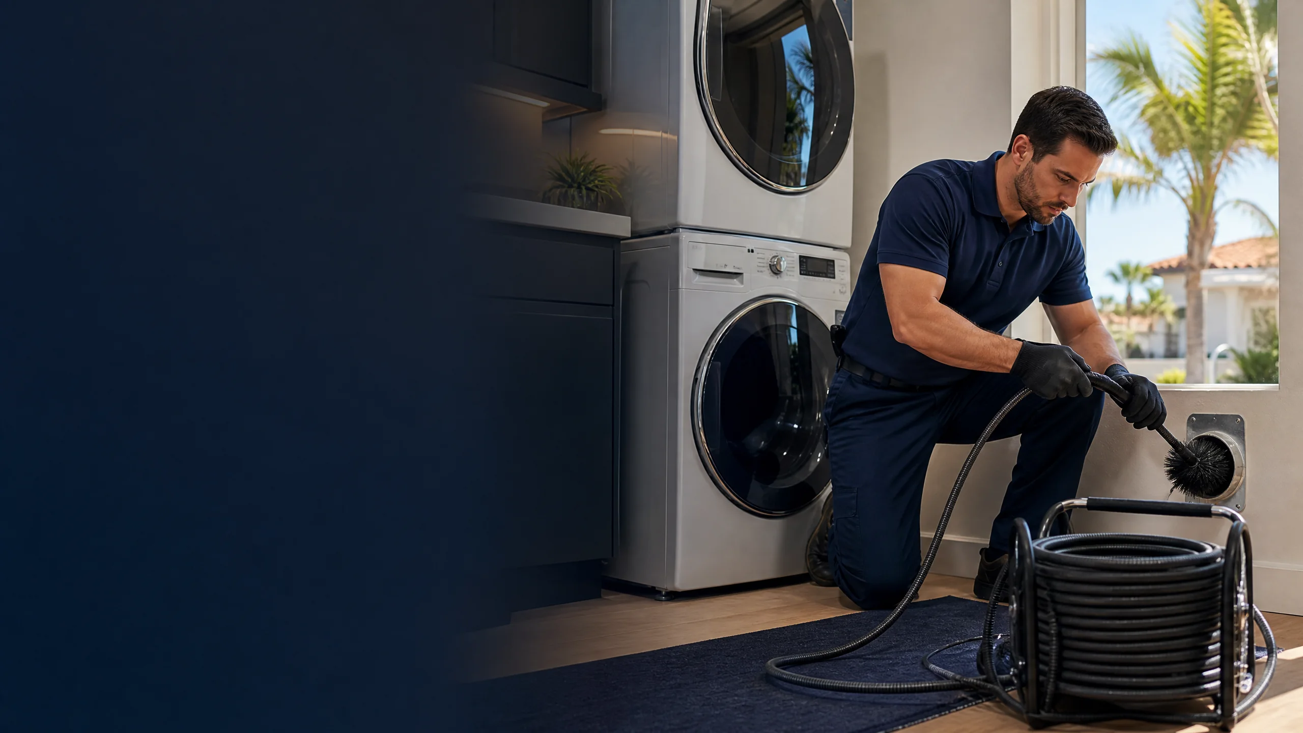 Technician cleaning a dryer vent connection in a modern laundry room