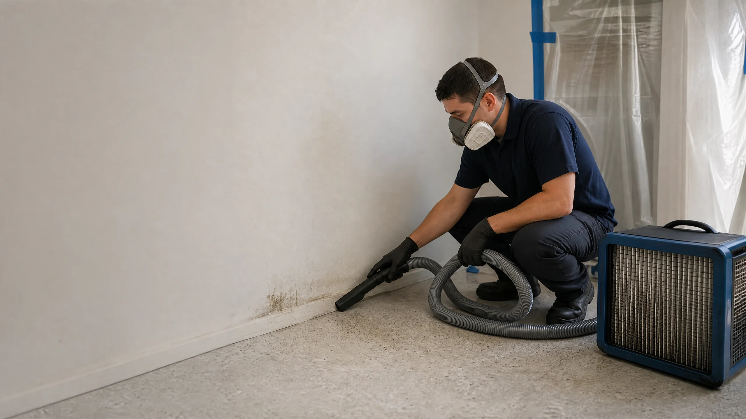 Protected technician assessing a controlled mold remediation work area