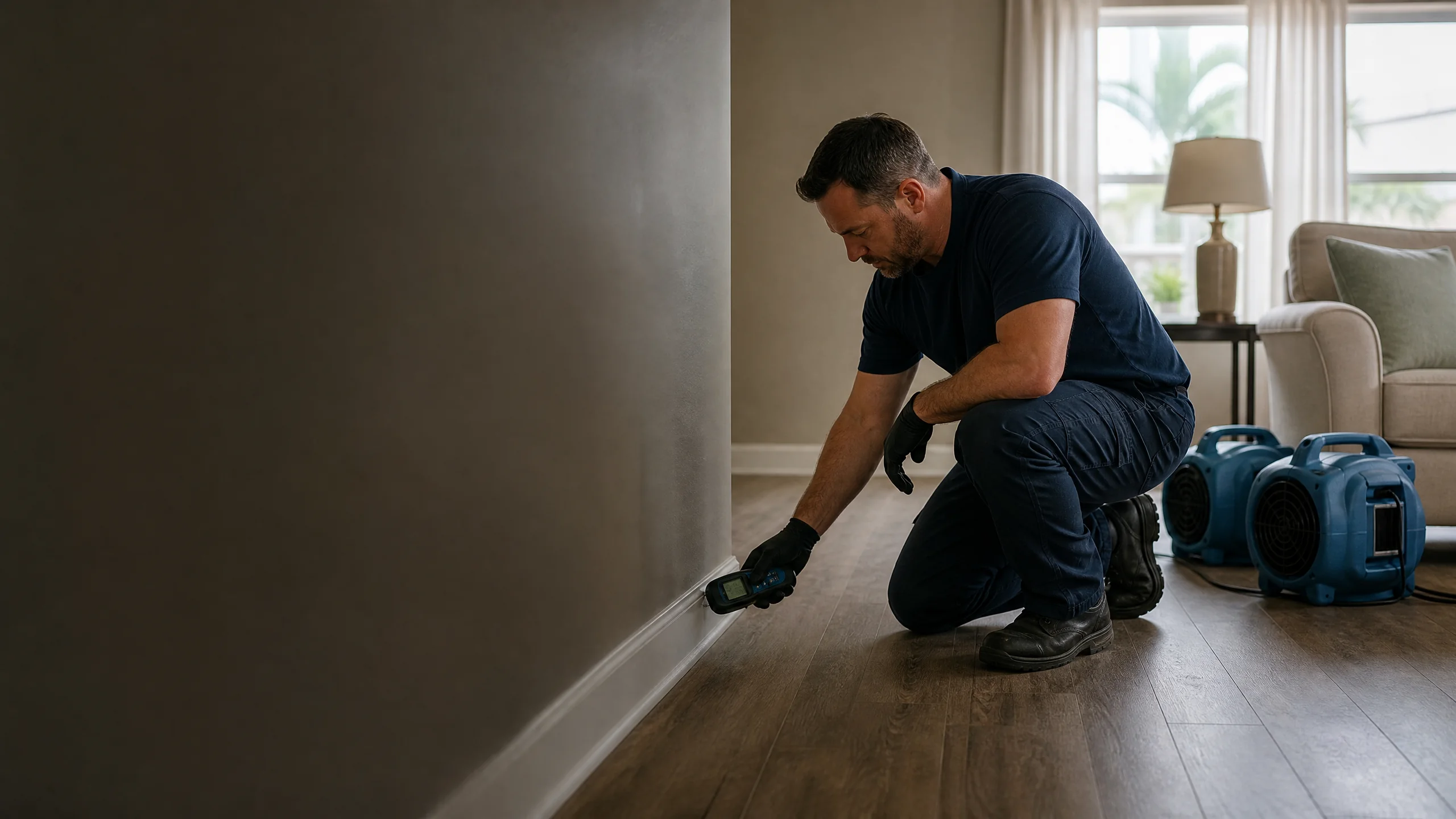 Restoration technician assessing a managed water-damage work area in a Florida home